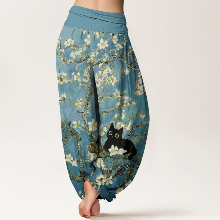 Buddha Stones Harembroek voor dames van 100% Cotton met botanisch bloesem- en kattenpatroon en elastische Taille . - image 2