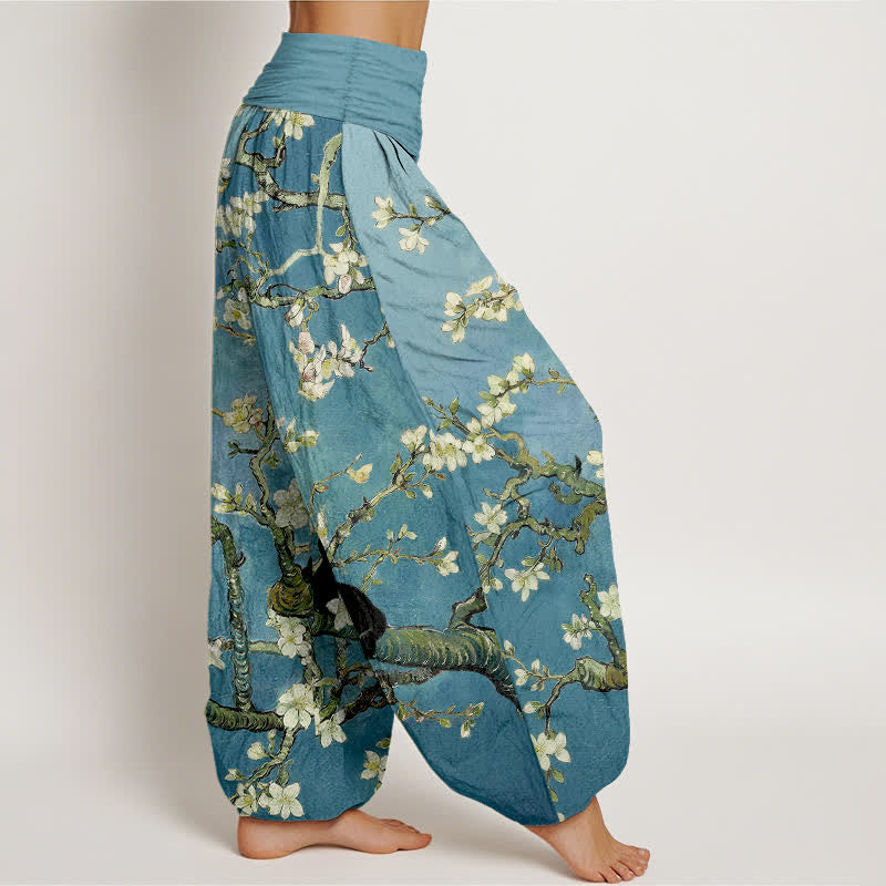 Buddha Stones Harembroek voor dames van 100% Cotton met botanisch bloesem- en kattenpatroon en elastische Taille . - image 1