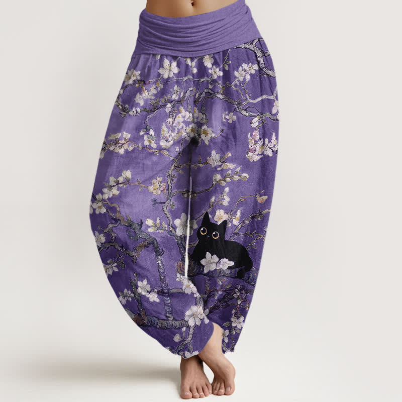 Buddha Stones Harembroek voor dames van 100% Cotton met botanisch bloesem- en kattenpatroon en elastische Taille . - Middelpaars - US16, UK/AU20, EU48 (3XL) - image 5