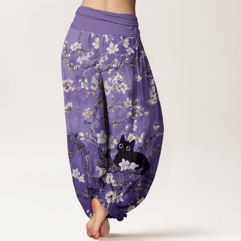 Buddha Stones Harembroek voor dames van 100% Cotton met botanisch bloesem- en kattenpatroon en elastische Taille . - image 7