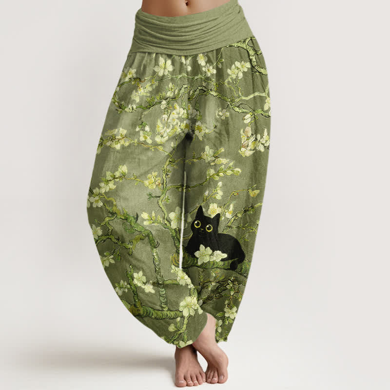 Buddha Stones Harembroek voor dames van 100% Cotton met botanisch bloesem- en kattenpatroon en elastische Taille . - Olijfgroen - US16, UK/AU20, EU48 (3XL) - image 8