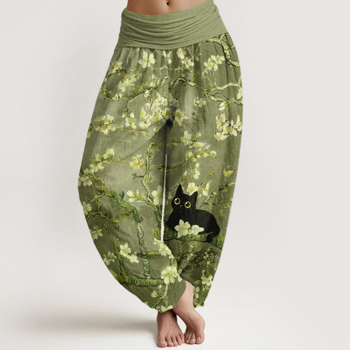 Buddha Stones Harembroek voor dames van 100% Cotton met botanisch bloesem- en kattenpatroon en elastische Taille . - Olijfgroen - US16, UK/AU20, EU48 (3XL) - image 8