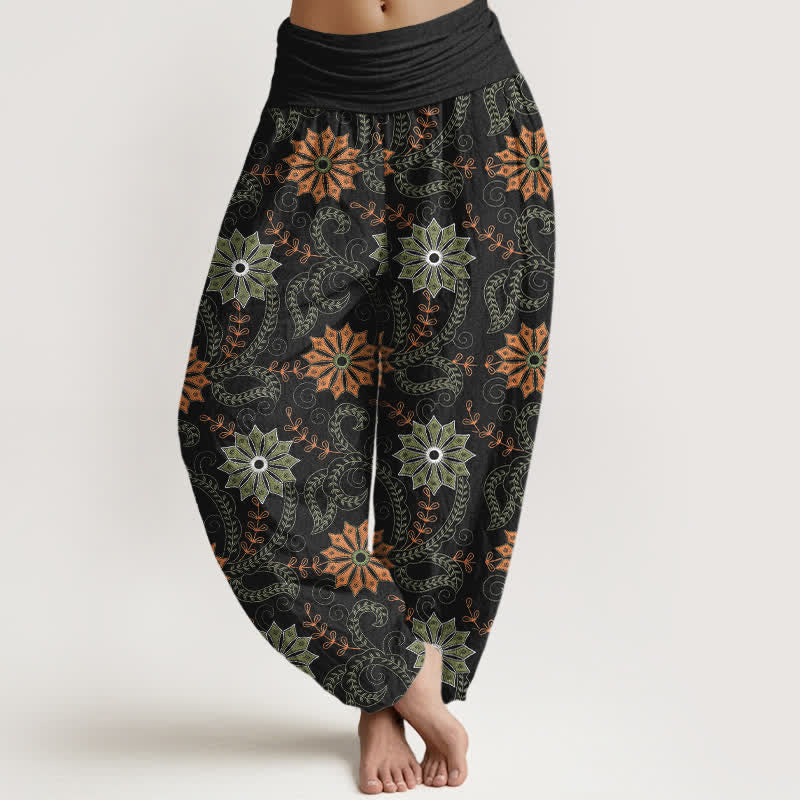 Buddha Stones Dames harembroek met elastische Taille en mandala-rankpatroon van katoen - Zwart - US16, UK/AU20, EU48 (3XL) - image 0