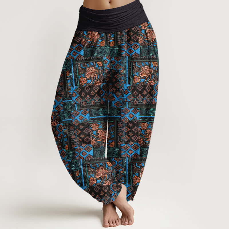 Buddha Stones Harembroek voor dames met elastische Taille en bohemian geometrisch patroon van 100% Cotton - Zwart - US16, UK/AU20, EU48 (3XL) - image 0