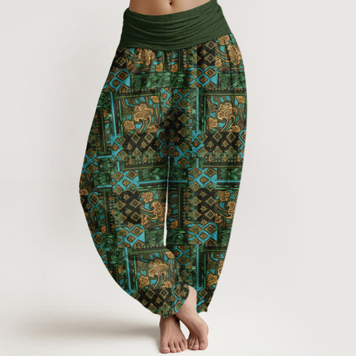 Buddha Stones Harembroek voor dames met elastische Taille en bohemian geometrisch patroon van 100% Cotton - Donker olijfgroen - US16, UK/AU20, EU48 (3XL) - image 5