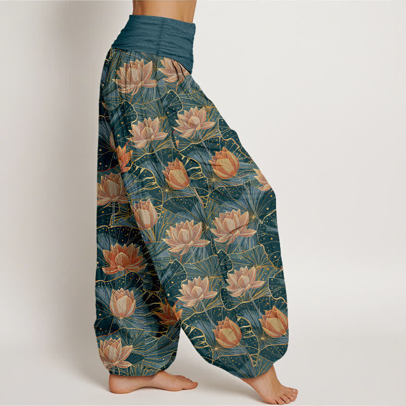Buddha Stones Harembroek voor dames met elastische Taille en lotusbloemmotief , 100% Cotton. - image 1