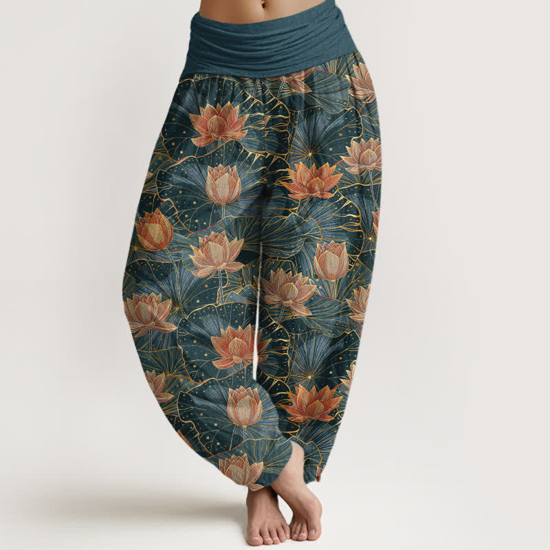Buddha Stones Harembroek voor dames met elastische Taille en lotusbloemmotief , 100% Cotton. - Teal - US16, UK/AU20, EU48 (3XL) - image 0