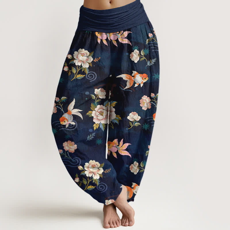 Buddha Stones Harembroek voor dames met elastische Taille, 100% Cotton met een koi-vis bloemenpatroon. - Middernachtblauw - US16, UK/AU20, EU48 (3XL) - image 0