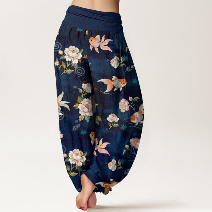 Buddha Stones Harembroek voor dames met elastische Taille, 100% Cotton met een koi-vis bloemenpatroon. - image 2