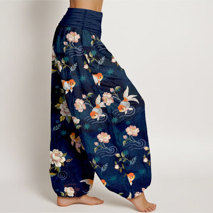 Buddha Stones Harembroek voor dames met elastische Taille, 100% Cotton met een koi-vis bloemenpatroon. - image 1