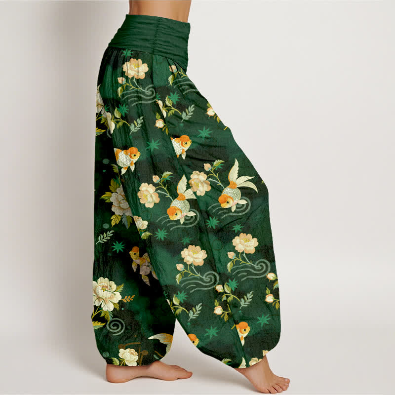 Buddha Stones Harembroek voor dames met elastische Taille, 100% Cotton met een koi-vis bloemenpatroon. - image 6