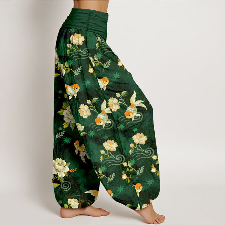 Buddha Stones Harembroek voor dames met elastische Taille, 100% Cotton met een koi-vis bloemenpatroon. - image 6