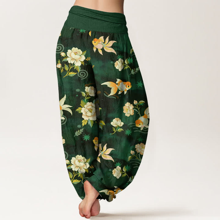 Buddha Stones Harembroek voor dames met elastische Taille, 100% Cotton met een koi-vis bloemenpatroon. - image 7