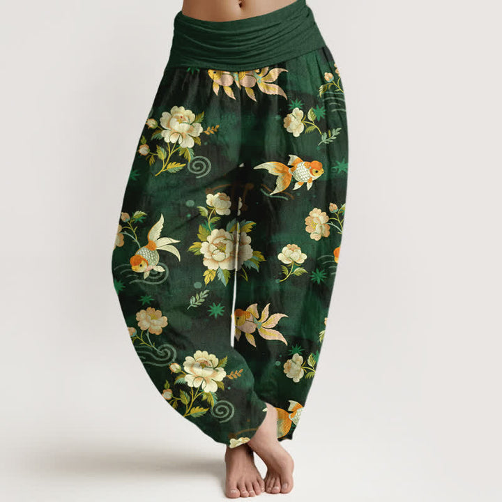 Buddha Stones Harembroek voor dames met elastische Taille, 100% Cotton met een koi-vis bloemenpatroon. - Donkergroen - US16, UK/AU20, EU48 (3XL) - image 5