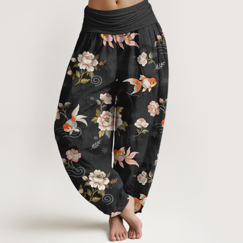 Buddha Stones Harembroek voor dames met elastische Taille, 100% Cotton met een koi-vis bloemenpatroon. - Zwart - US16, UK/AU20, EU48 (3XL) - image 8