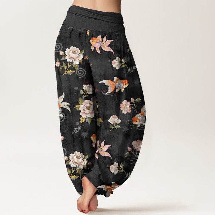 Buddha Stones Harembroek voor dames met elastische Taille, 100% Cotton met een koi-vis bloemenpatroon. - image 10