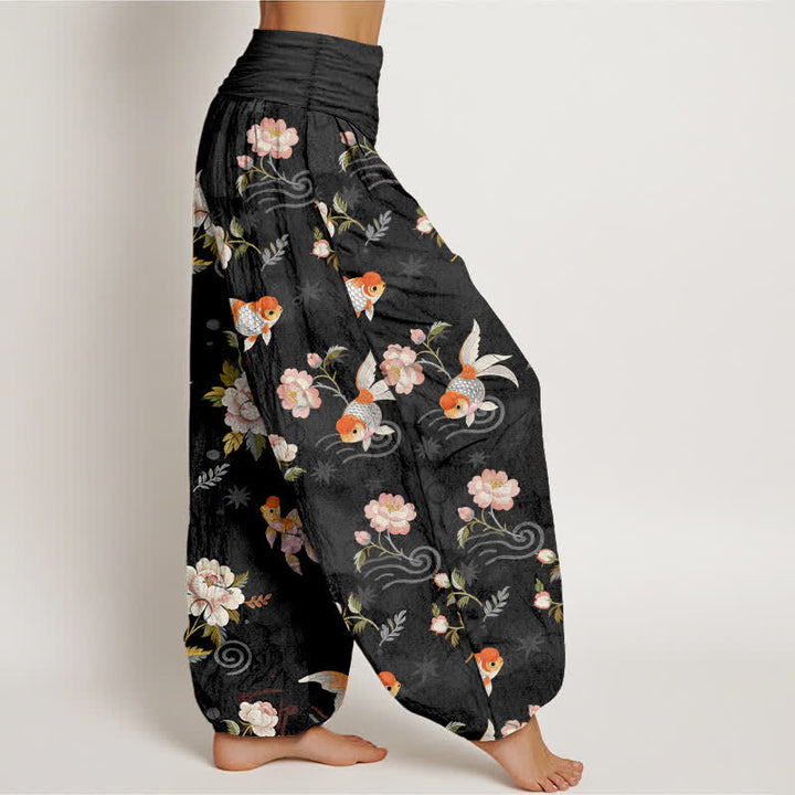 Buddha Stones Harembroek voor dames met elastische Taille, 100% Cotton met een koi-vis bloemenpatroon. - image 9