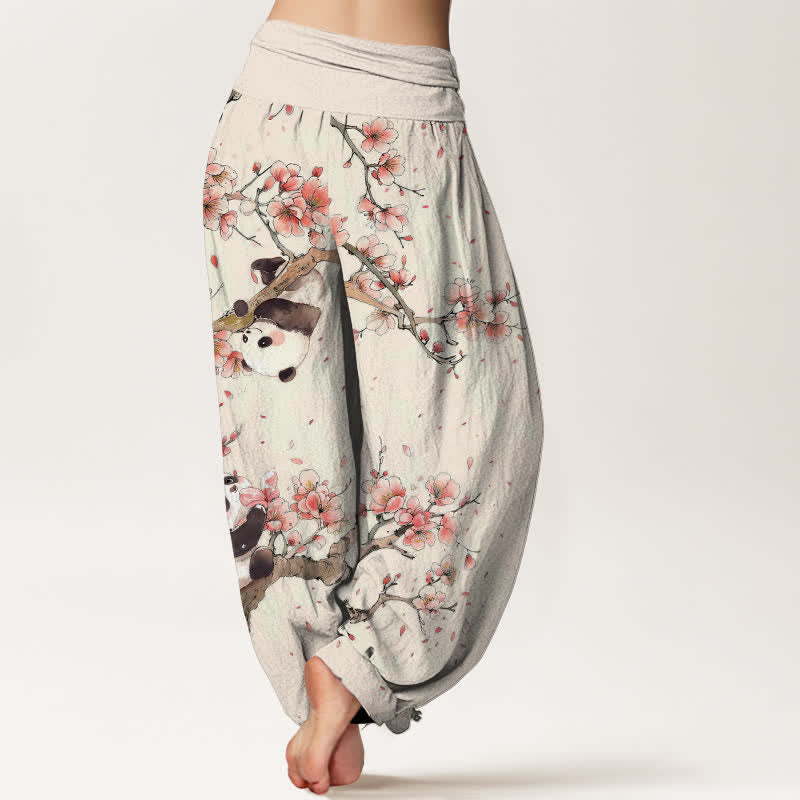 Buddha Stones Harembroek voor dames met elastische Taille en panda-kersenbloesemprint van 100% Cotton - image 2