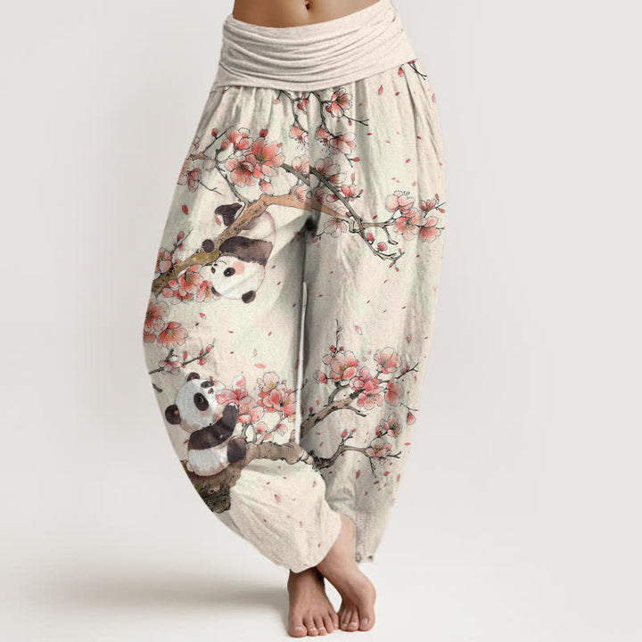 Buddha Stones Harembroek voor dames met elastische Taille en panda-kersenbloesemprint van 100% Cotton - Linnen - US16, UK/AU20, EU48 (3XL) - image 0