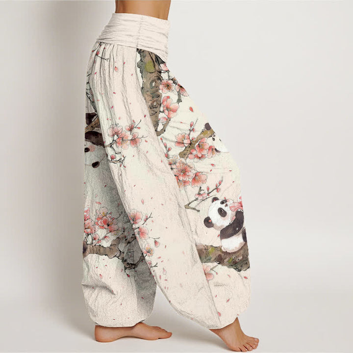 Buddha Stones Harembroek voor dames met elastische Taille en panda-kersenbloesemprint van 100% Cotton - image 1