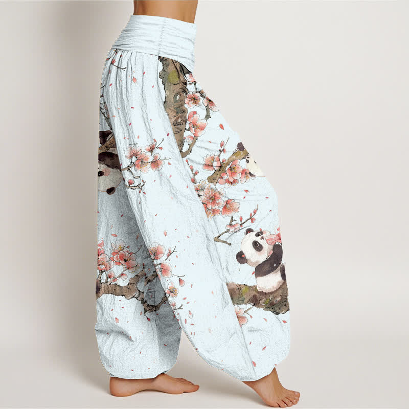 Buddha Stones Harembroek voor dames met elastische Taille en panda-kersenbloesemprint van 100% Cotton - image 6