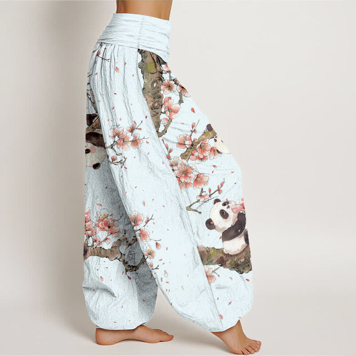 Buddha Stones Harembroek voor dames met elastische Taille en panda-kersenbloesemprint van 100% Cotton - image 6