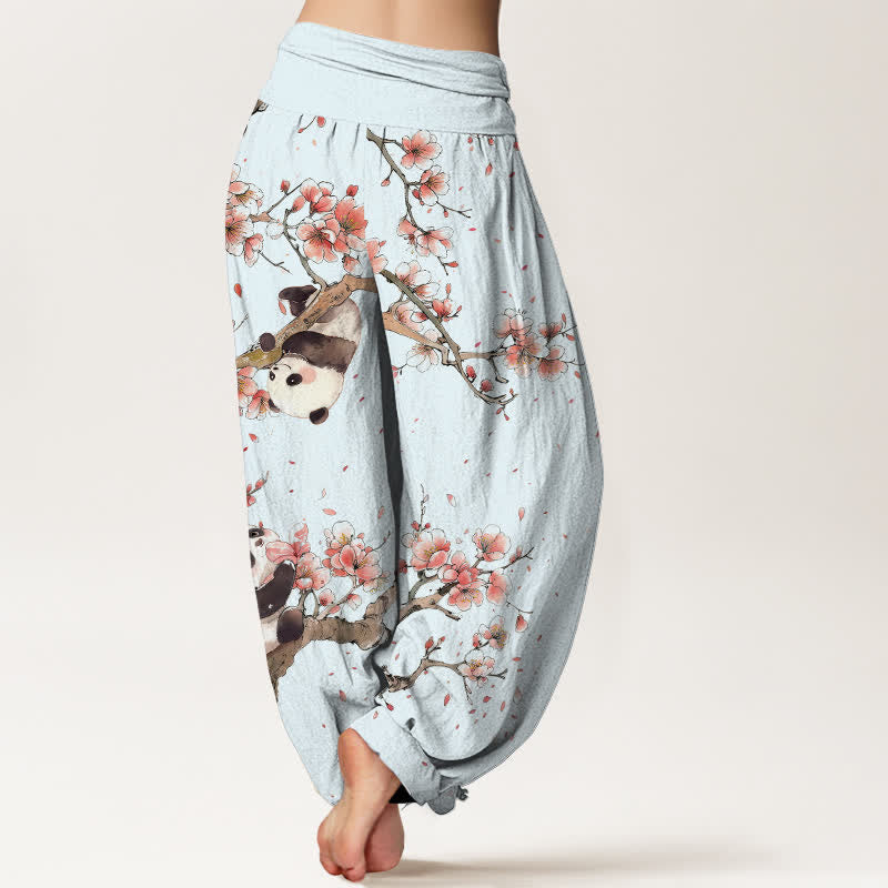 Buddha Stones Harembroek voor dames met elastische Taille en panda-kersenbloesemprint van 100% Cotton - image 7