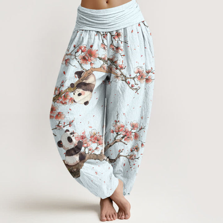 Buddha Stones Harembroek voor dames met elastische Taille en panda-kersenbloesemprint van 100% Cotton - AliceBlue - US16, UK/AU20, EU48 (3XL) - image 5