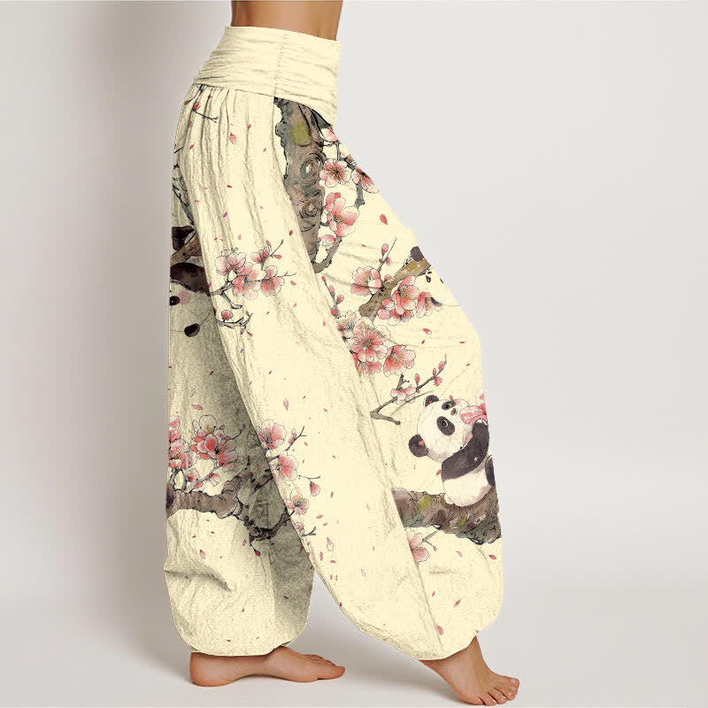 Buddha Stones Harembroek voor dames met elastische Taille en panda-kersenbloesemprint van 100% Cotton - image 9