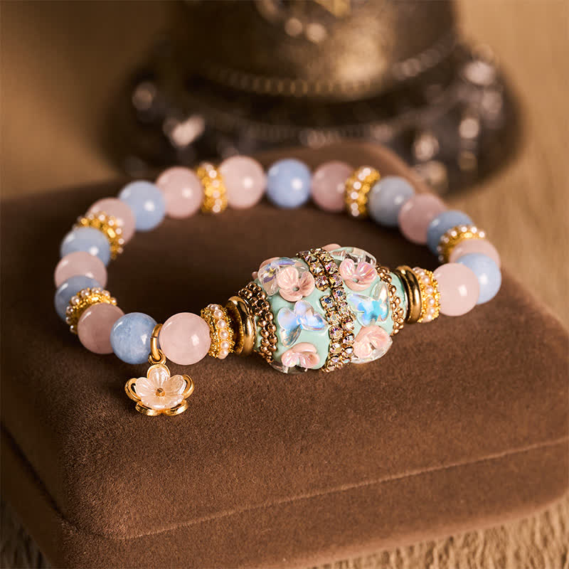 Buddha Stones Rozenkwarts Blauwe Chalcedoon Koperen Tonvormige Kraal Bloem Hanger Liefde Ronde Kraal Armband - Rozenkwarts en blauwe chalcedoon (Polsomtrek: 15-16 cm) - image 0