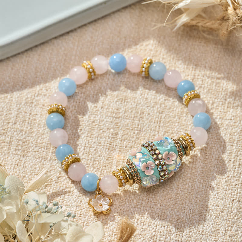Buddha Stones Rozenkwarts Blauwe Chalcedoon Koperen Tonvormige Kraal Bloem Hanger Liefde Ronde Kraal Armband - image 1