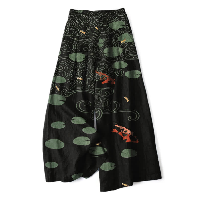 Buddha Stones Katoenen linnen damesbroek met elastische Taille , wijde pijpen, lotusblad- en koivisprint en Zakken. - Zwart - US16, UK/AU20, EU48 (3XL) - image 0