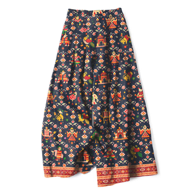 Buddha Stones Damesbroek met elastische Taille , wijde pijpen, bohemian print, katoen-linnenlook, elastische tailleband en Zakken , met geometrisch patroon. - Middernachtblauw - US16, UK/AU20, EU48 (3XL) - image 0
