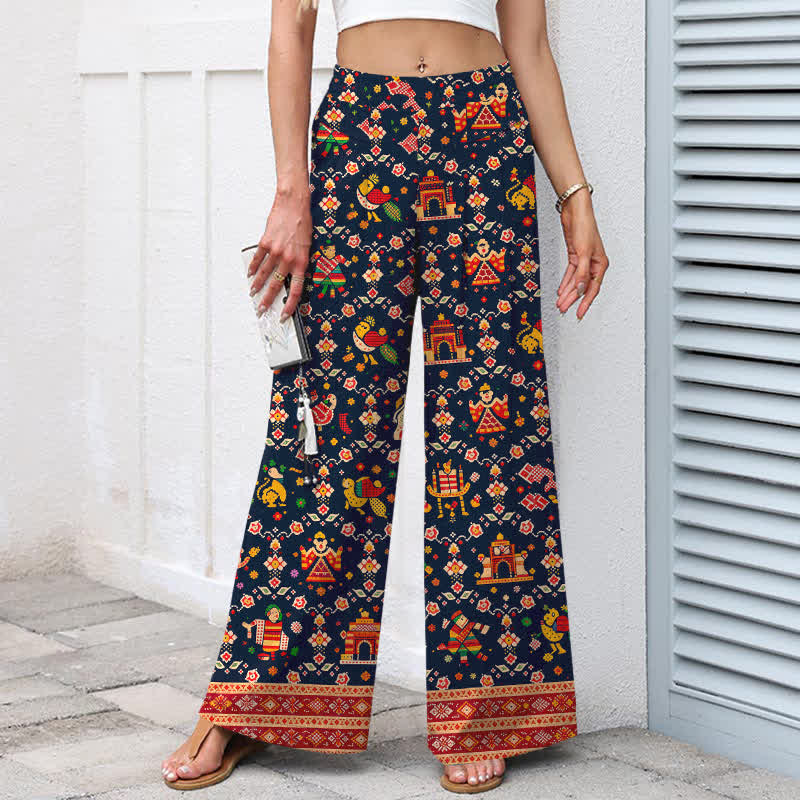 Buddha Stones Damesbroek met elastische Taille , wijde pijpen, bohemian print, katoen-linnenlook, elastische tailleband en Zakken , met geometrisch patroon. - image 1