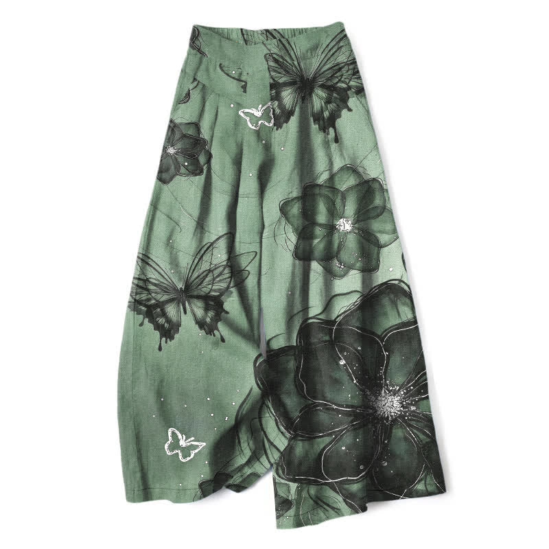 Buddha Stones Katoenen linnen damesbroek met vlinder- en bloemenprint, elastische Taille en wijde pijpen, inclusief Zakken. - Middelgroot aquamarijn - US16, UK/AU20, EU48 (3XL) - image 0