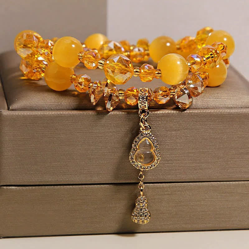 Buddha Stones Dubbellaagse Armband met hanger in de vorm van een kattenoogpompoen - Gele kattenoog - image 5