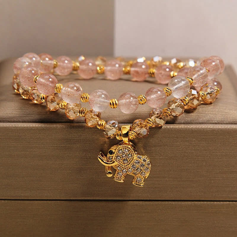 Buddha Stones Dubbele wikkelarmband met aardbeikwarts en Armband - Olifant (Kracht ♥ Wijsheid) - image 0