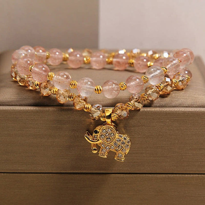Buddha Stones Dubbele wikkelarmband met aardbeikwarts en Armband - Olifant (Kracht ♥ Wijsheid) - image 0