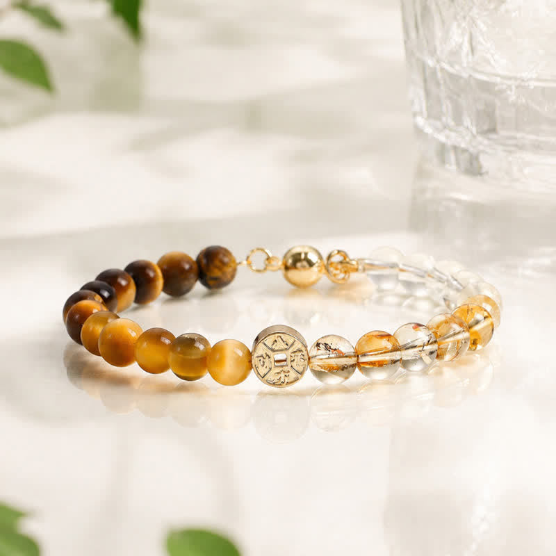 Buddha Stones Tijgeroog natuursteen Fu karakter koperen munten geluk Armband - image 1