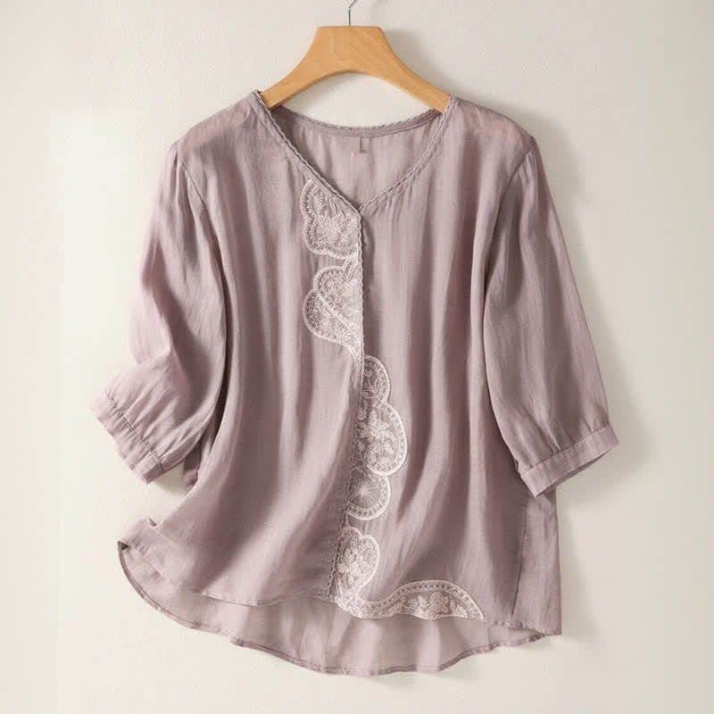 Buddha Stones Casual dames T-shirt met V-hals en korte Mouwlengte , geborduurd patroon - Pruim - US14, UK/AU18, EU46 (2XL) - image 0