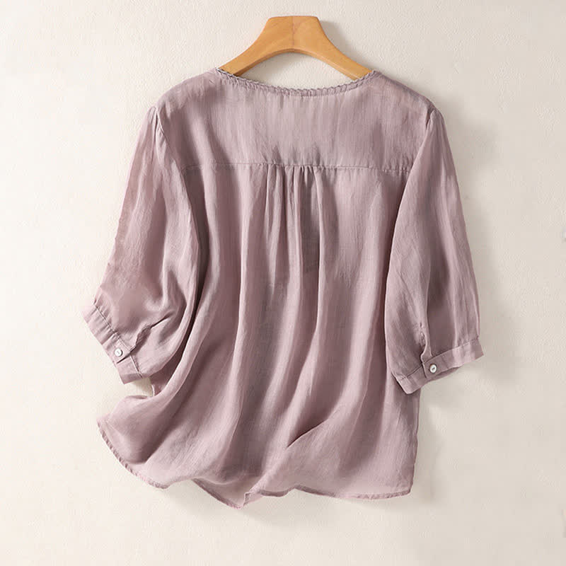 Buddha Stones Casual dames T-shirt met V-hals en korte Mouwlengte , geborduurd patroon - image 1