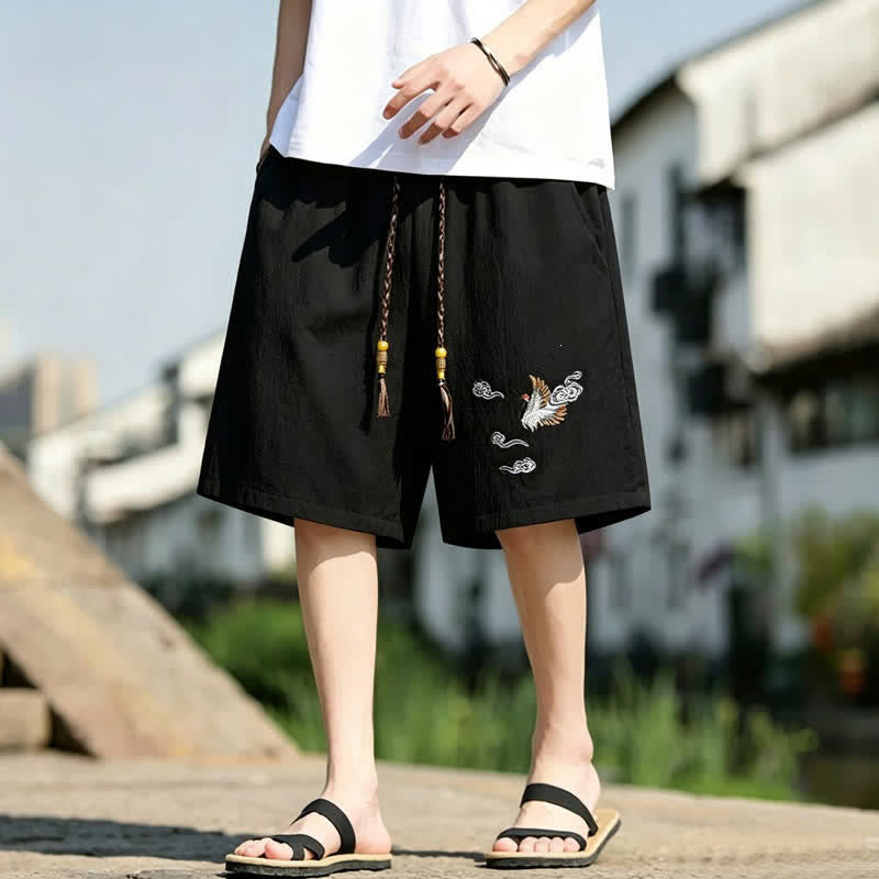 Buddha Stones Zomerse casual herenshorts in Tang-stijl met geborduurde kraanvogel en gelukbrengende wolken, inclusief Zakken. - Zwart - US/UK/AU48, EU58 (6XL) - image 0