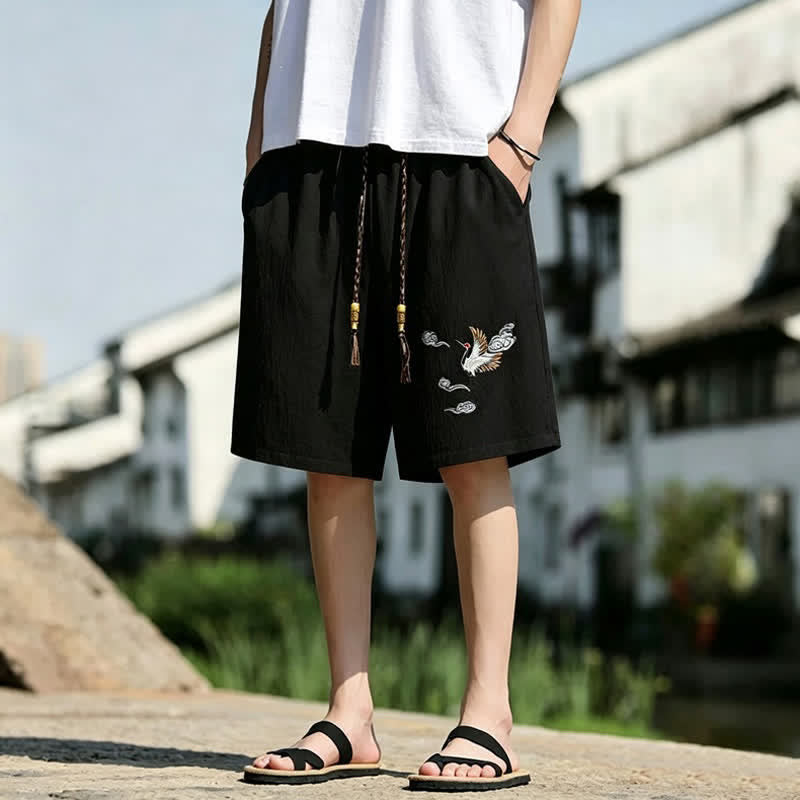 Buddha Stones Zomerse casual herenshorts in Tang-stijl met geborduurde kraanvogel en gelukbrengende wolken, inclusief Zakken. - image 1