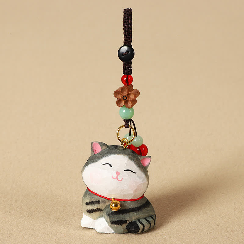 Buddha Stones Sleutelhangers met uitgesneden houten kat Om Mani Padme Hum Focus - Gestreepte kat - image 9