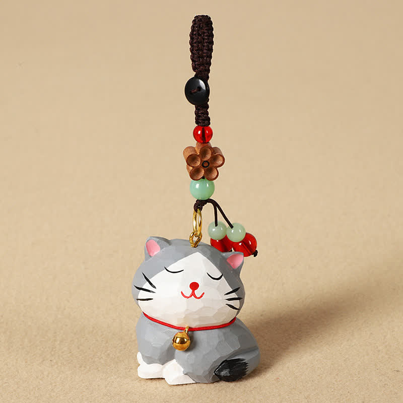 Buddha Stones Sleutelhangers met uitgesneden houten kat Om Mani Padme Hum Focus - Grijze kat - image 12