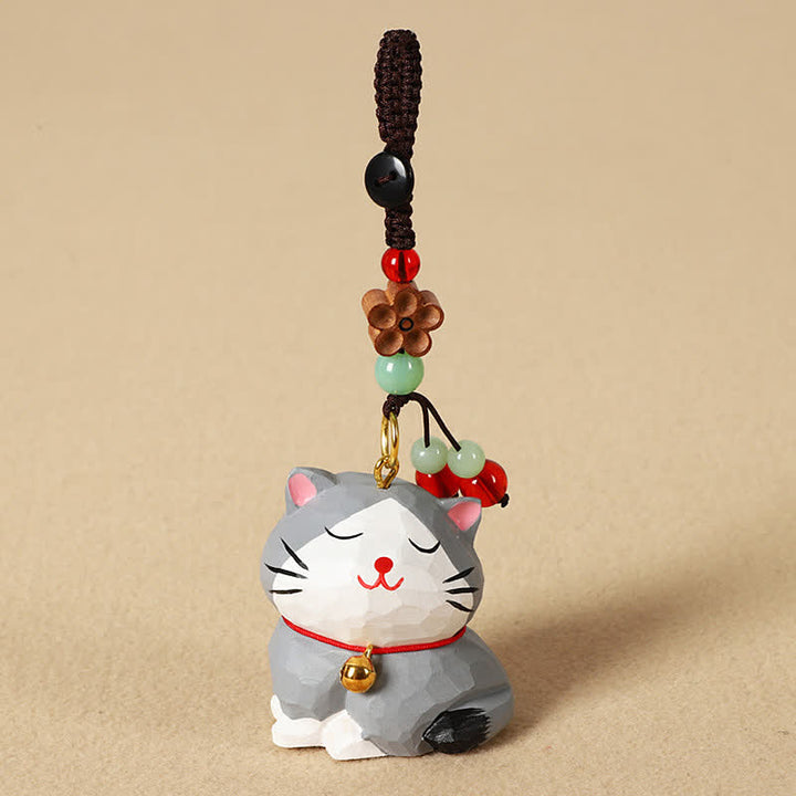 Buddha Stones Sleutelhangers met uitgesneden houten kat Om Mani Padme Hum Focus - Grijze kat - image 12
