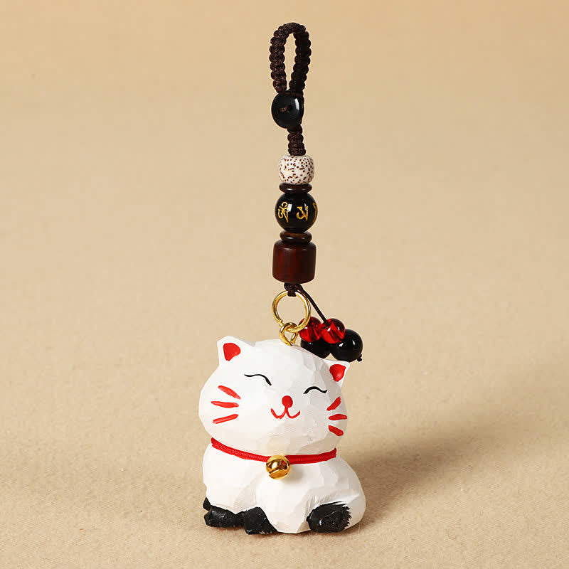 Buddha Stones Sleutelhangers met uitgesneden houten kat Om Mani Padme Hum Focus - Om Mani Padme Hum Witte Kat - image 8