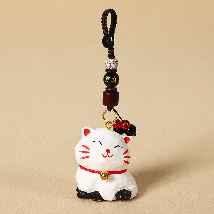 Buddha Stones Sleutelhangers met uitgesneden houten kat Om Mani Padme Hum Focus - Om Mani Padme Hum Witte Kat - image 8