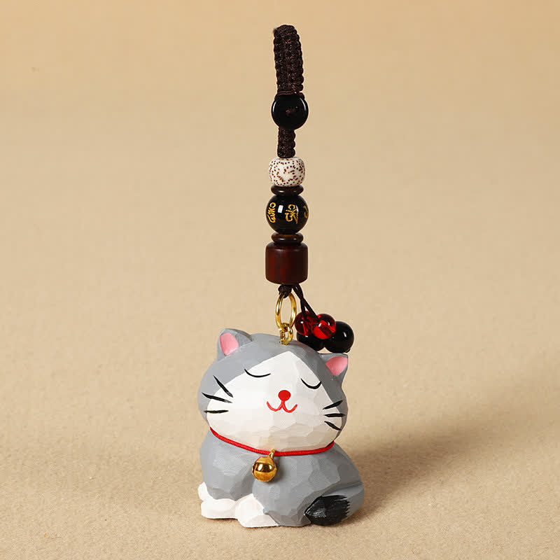 Buddha Stones Sleutelhangers met uitgesneden houten kat Om Mani Padme Hum Focus - Om Mani Padme Hum Grijze Kat - image 14