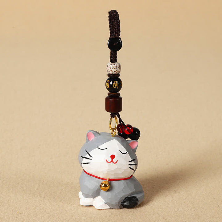 Buddha Stones Sleutelhangers met uitgesneden houten kat Om Mani Padme Hum Focus - Om Mani Padme Hum Grijze Kat - image 14